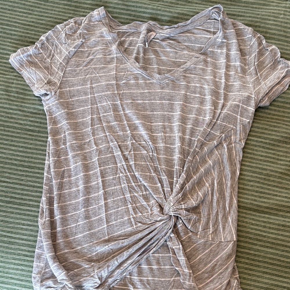 Z Supply Light Gray & White Striped Knot-Front V-Neck Tee